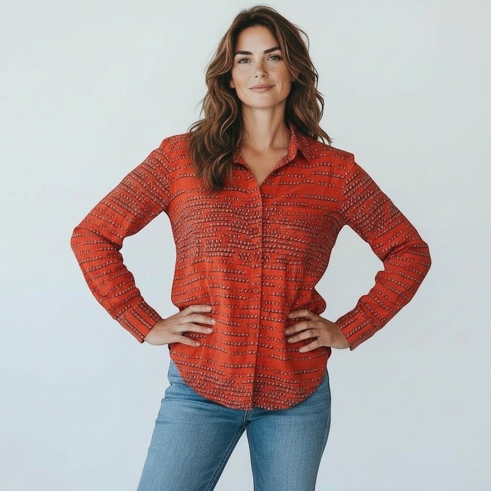 beachlunchlounge womens red heart print‎ long sleeve button up shirt xs tp